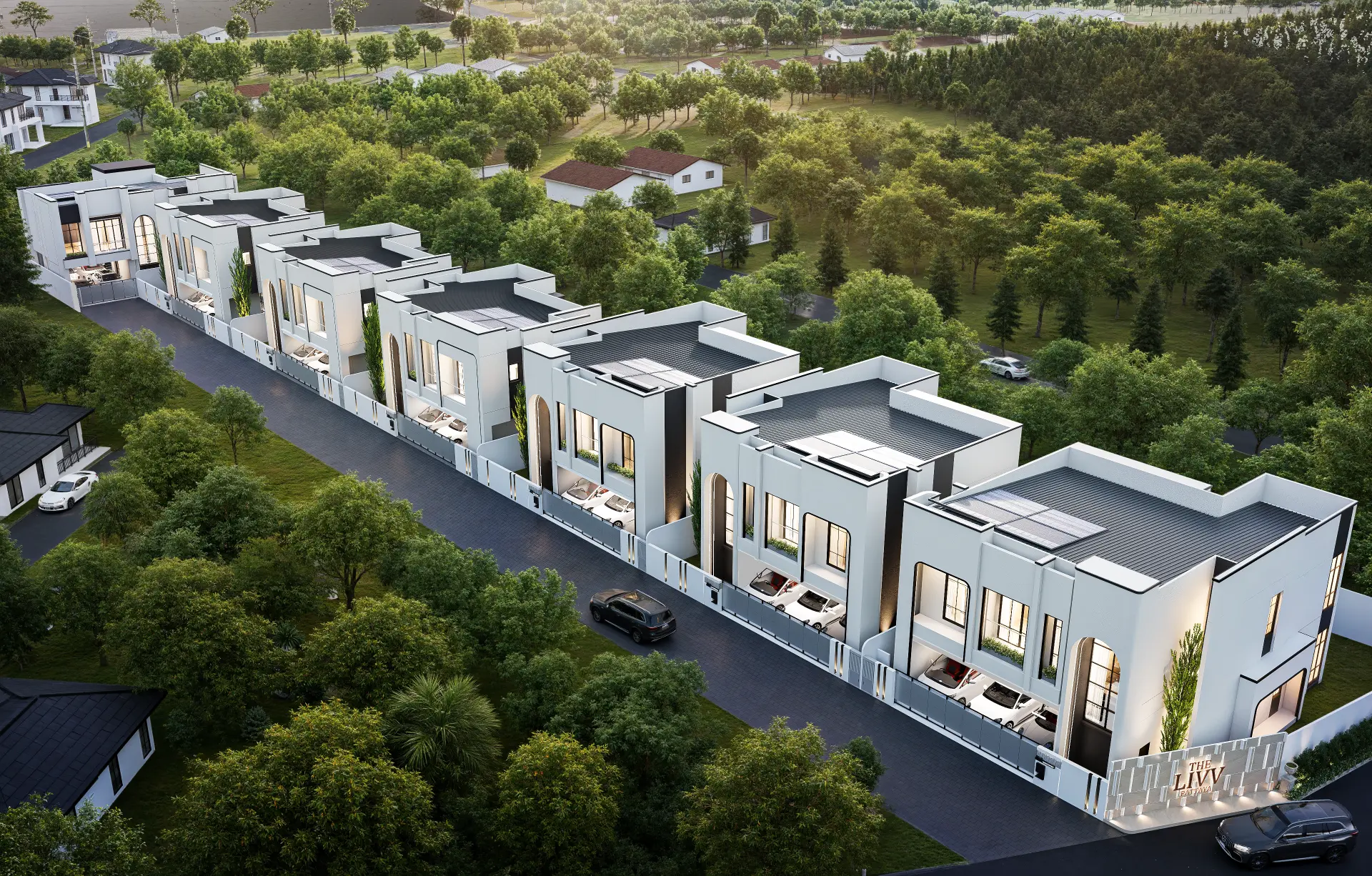 Aerial 3D render of the seven private residences at The LIVV Pattaya near Mabprachan Lake