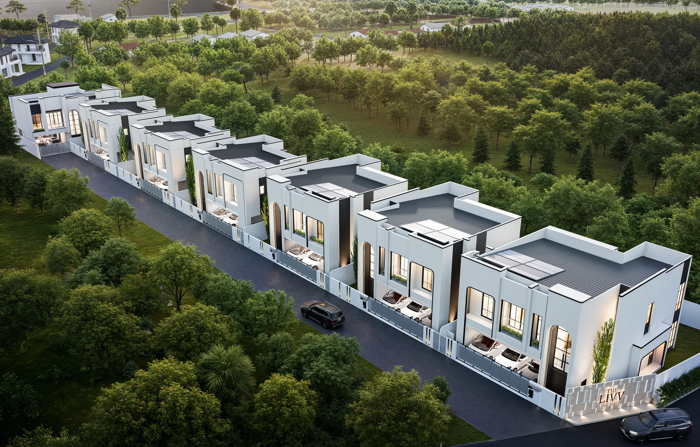 Aerial view of the seven private residences at The LIVV Pattaya near Mabprachan Lake
