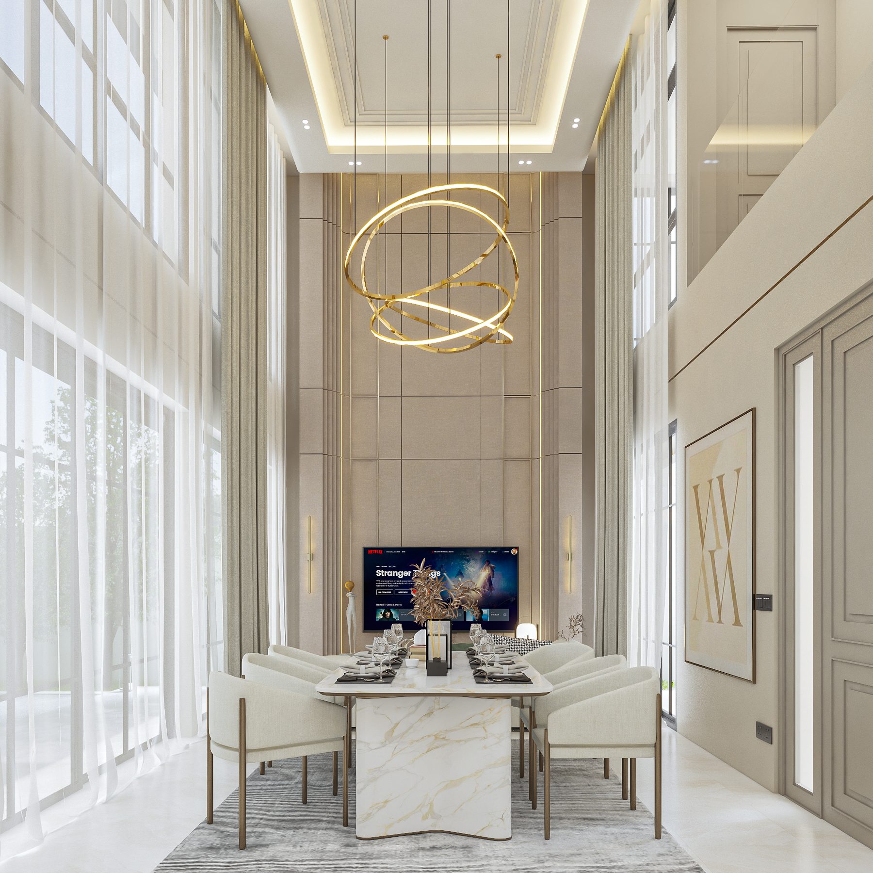 Dining space under a double-volume void