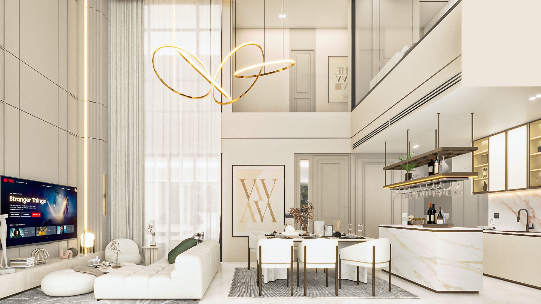 Panoramic view of the living area opening onto the terrace