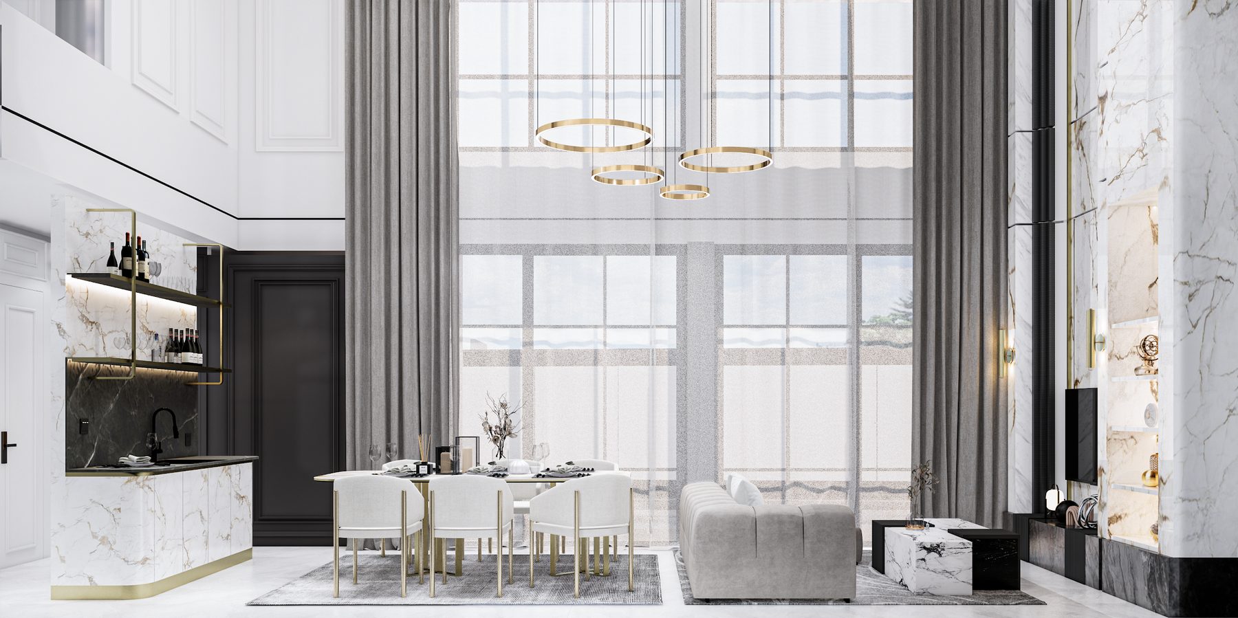 Living, dining and kitchen in one continuous space
