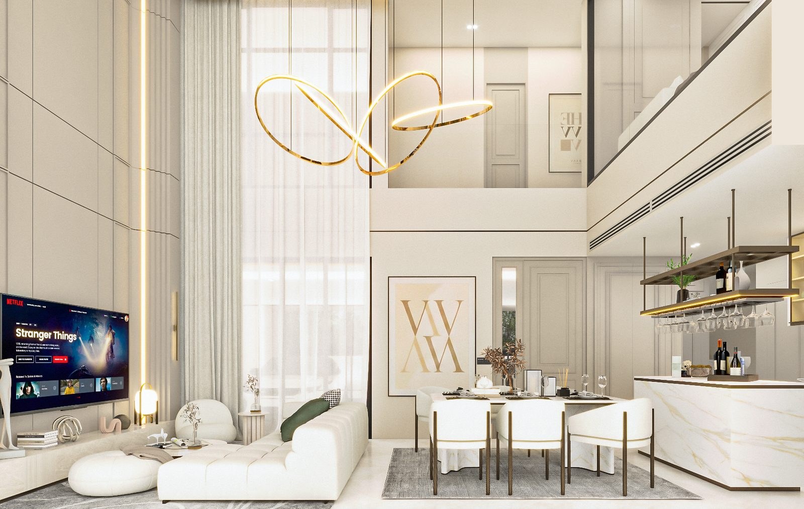 Double-volume living, dining and kitchen in one continuous space