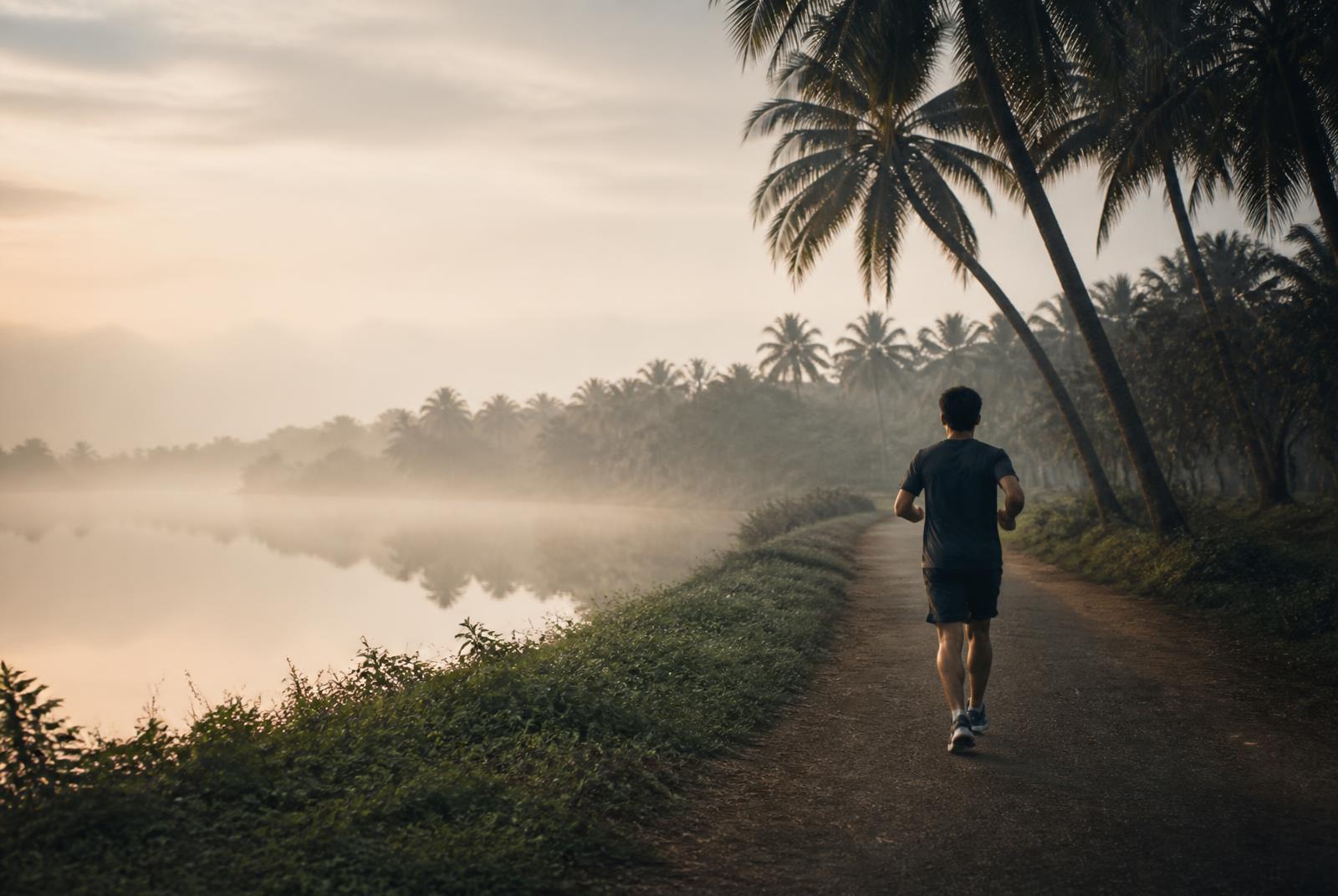 Morning run beside the lake